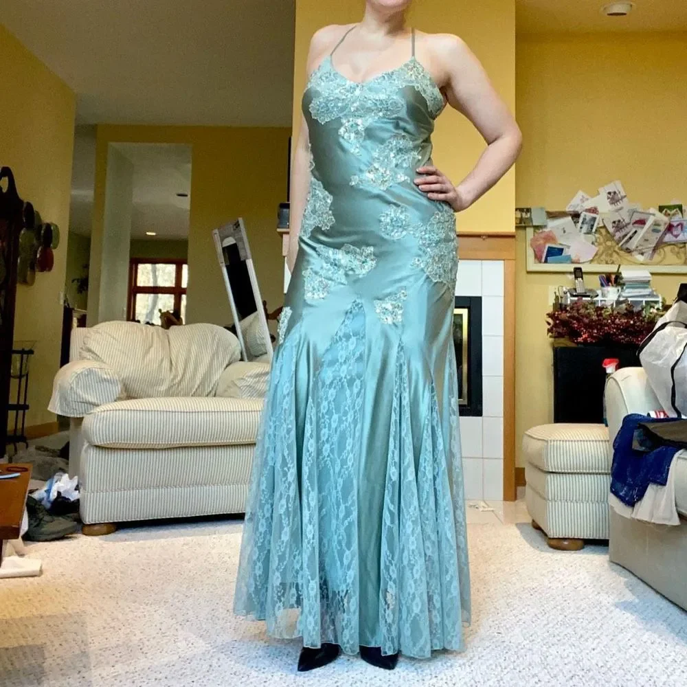 Vintage Cache Silk Gown Beaded Lace Sequin Gemstone Slinky Low Back Dress - SZ 8 - Picture 6 of 12